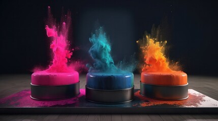 Aufkleber - Product display podium with colorful powder paint explosion. Generative ai
