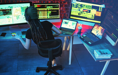 Aufkleber - Coding, hacker woman and computer for cybersecurity, programming and big data at night. Digital, dashboard and technology of a female working on futuristic, iot and software database for phishing