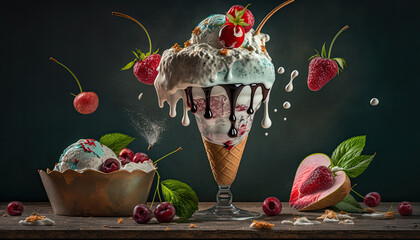 Wall Mural - Delicious Ice Cream with Cherry and Vanilla flavor and fresh ingredients - Generative AI