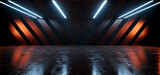Fototapeta Perspektywa 3d - Alien Sci Fi Futuristic Columns Spaceship Blue Red Lights Hangar Big Concrete Cement Asphalt Basement Hallway Studio Showroom Bunker Garage 3D Rendering