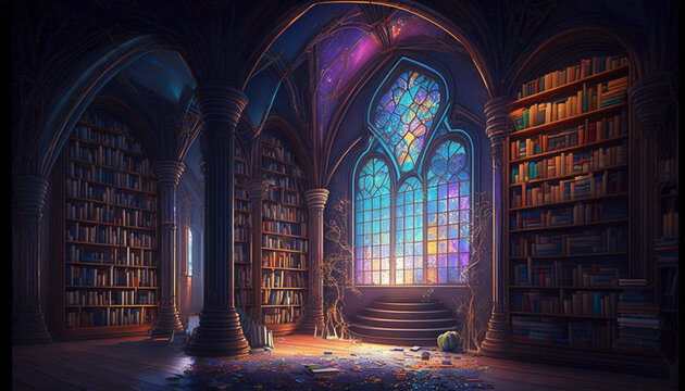 Colorful library of magic. Generative Ai.