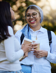 Canvas Print - Happy, break or students talking at park on university campus for learning, education or goals together. Girls talk, Islamic or students relaxing with coffee meeting for research or college knowledge