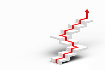 Wall Mural - Red arrow following the stairs of growth on white background, 3D arrow climbing up over a staircase , 3d stairs with arrow going upward, 3d rendering