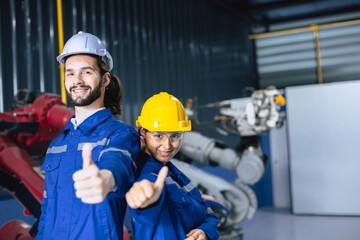 Wall Mural - Engineer woman team worker work in Machine Robotic modern Automation Industry. Mechanic staff employee in metal factory.