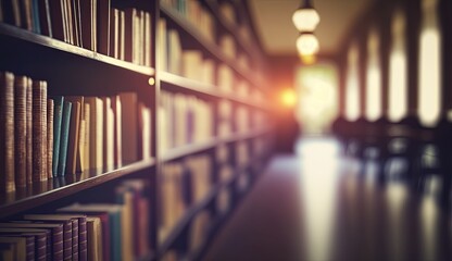 Blurred classroom with bookshelves based on defocussed effect.  Abstract blurred empty university library interior space. Use for background or backdrop in bookstore business or education concepts