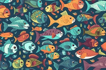 Poster - group of vibrant fish swimming in a bright blue ocean. Generative AI