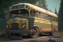 Abandoned School Bus In The Forest. Generative AI