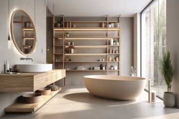 Wall Mural - modern luxurious bathroom with a spacious bathtub and sleek sink. Generative AI