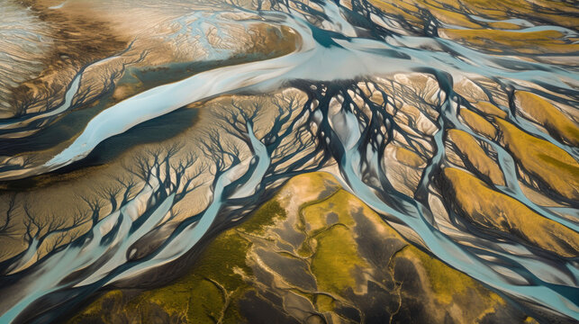 drone view on braided river of markarfljot in iceland. generative ai