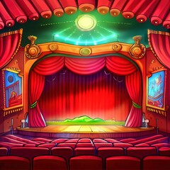 Cartoon theater stage with red curtains for art performance, created with generative ai