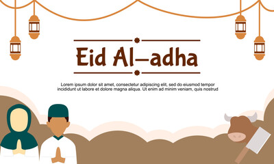 Wall Mural - Eid Mubarak greeting card with Muslim couple illustration, Eid Al Adha banner suitable for social media post template, banner