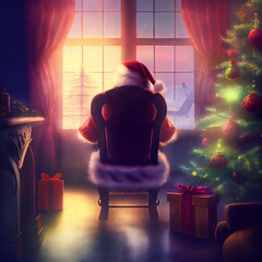 Wall Mural - Santa Claus sits in red chair and looks out window, Christmas Night, created with generative ai