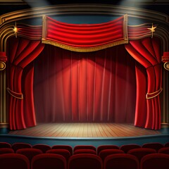 Canvas Print - Empty theater stage with red curtains, open opera show, created with generative ai