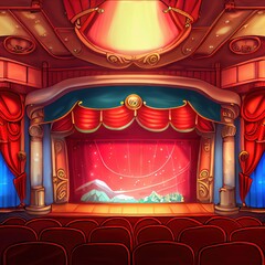 Poster - Cartoon theater stage with red curtains for comedy and drama actor presentation, created with generative ai