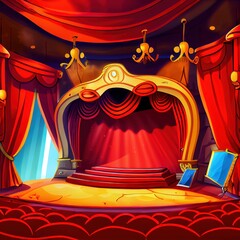 Canvas Print - Cartoon theater stage with red curtains for art performance, created with generative ai