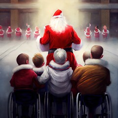 Wall Mural - Santa Claus congratulates children in wheelchairs, view from the back, created with generative ai