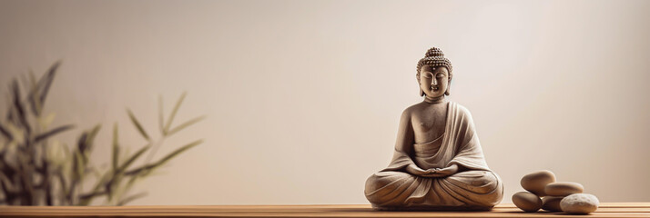 mediatation concept, a buda in horizontal layout banner with copy space, generative ai