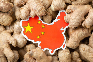 Wall Mural - Flag of China on ginger. Trade of ginger around the world concept