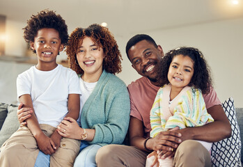 Poster - Family, portrait and hug on a sofa, happy and smile while bonding and enjoying morning in their home. Face, children and parents relax on couch together, embrace and loving in living room