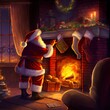 © Natalia - Santa Claus puts gifts in special socks on the fireplace, view from the back, Christmas night, created with generative ai