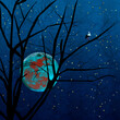 Ilustracja grafika krajobraz nocny bocian siedzący na drzewie na tle nieba i oświetlona kula ziemska i gwiazdy.