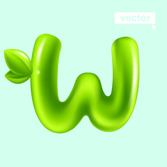 Wall Mural - Letter W eco logo with green leaves. 3D realistic and cartoon balloon style. Glossy vector illustration.