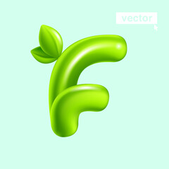 Wall Mural - Letter Feco logo with green leaves. 3D realistic and cartoon balloon style. Glossy vector illustration.