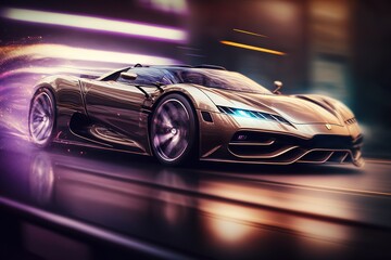 Poster - A high-speed car is driving through the city with a neon glow.Futuristic innovative car. Generative AI