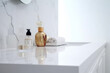 Light elegant modern bathroom interior with white marble tabletop