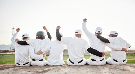 Wall Mural - Baseball, team and winner with fist pump and men on pitch, athlete group, fitness collaboration and achievement back view. Teamwork, success and sports with male players outdoor, winning and champion