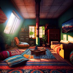 Wall Mural - interior of living room in boho style, created with generative ai