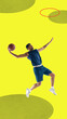 © master1305 - Young sportive man, professional basketball player in motion, training with ball against yellow background. Contemporary art collage. Concept of sport, competition, action and motion. Creative design