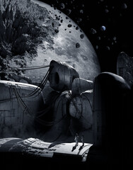 Wall Mural - moon collapse, surface shrink and crack and spacestation foreground, 3d illustration