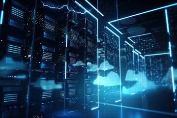 A conceptual banner for data storage, cloud computing, and communications in computer networks.Futuristic, modern illustration. Innovative technologies. Generative ai