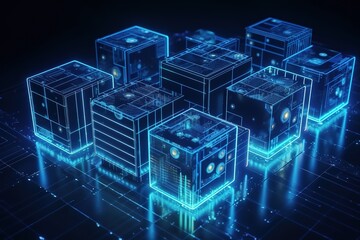 Poster - Isometric conceptual banner of blockchain technology.Futuristic, modern illustration. Innovative technologies. Generative ai