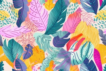 Seamless pattern tropical background, illustration of exotic summer leaf and plants in vivid colorful colors, flat lay. Generative AI.