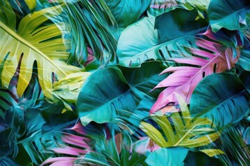 Tropical background exotic fresh green Summer palm leaves and plants in vivid colorful neon colors, flat lay of seamless pattern. Generative AI.