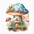 Watercolor magical mushroom house illustration on white background. Ai generated  .