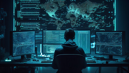 Wall Mural - Male office worker browsing the internet on his computer in his workspace facing a virtual environment with big data and an artificial intelligence, computer Generative AI stock illustration