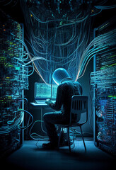 Wall Mural - male metaverse worker browsing the internet network in his workspace facing a virtual environment wi