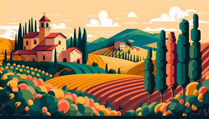 Poster - Italy Tuscan vineyards Summer landscape for design banner ticket, card, poster. Generative AI	