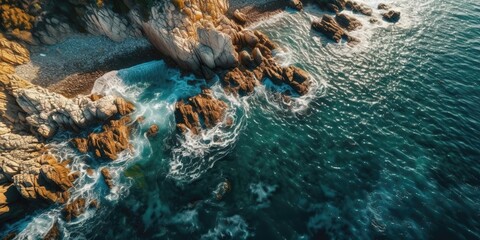 Poster - A beautiful picture of a rocky beach with a cliff from above.Aerial view. Panoramic shot. Generative AI