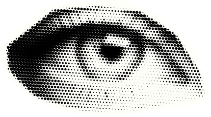 Wall Mural - Retro halftone collage eye  for mixed media design. Open human eye in halftone texture, dotted pop art style. Vector illustration of vintage grunge punk crazy art templates.