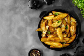 Roasted potatoes with herbs and spices. Baked potato wedges in frying pan on dark stone background. Top view with copy space.