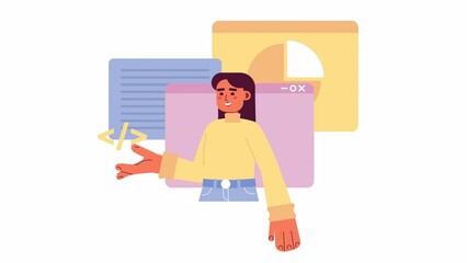 Animated web developer class. Programming software, tutorials. Female coder. 2D cartoon flat character 4K video footage on white with alpha channel transparency. Concept animation for web design