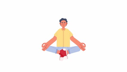 Poster - Animated yoga for stress relief. Man with closed eyes in meditation. Flat character animation on white background with alpha channel transparency. Color cartoon style 4K video footage for web design