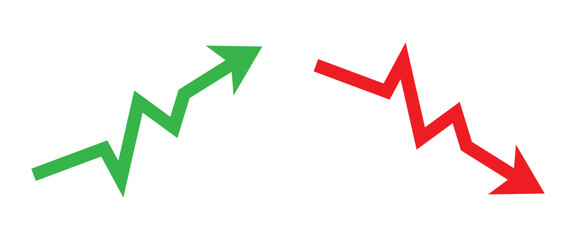 Graph going Up and Down sign with green and red arrows vector. Flat design vector illustration concept of sales bar chart symbol icon with arrow moving down and sales bar chart with arrow moving up.