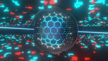 3d rendering. Abstract background of many neon and black cubes. A fantastic sphere of metal hexagons in the center. Abstract illustration. The idea of energy, the core of cosmic forces.