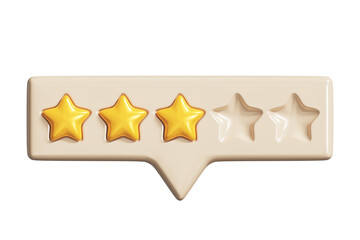 Wall Mural - Speech bubble with three golden rating stars. Yellow reviews stars on tooltip UI element, 3D render. Customer feedback or customer review concepts. PNG with transparent background and alpha channel