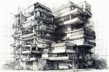 Wall Mural - multi-storey building with an array of balconies overlooking the street. generative ai
